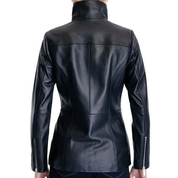 Michael Kors Black Genuine Leather Zip-Front Jacket – Size Large - EUC - Picture 2 of 6